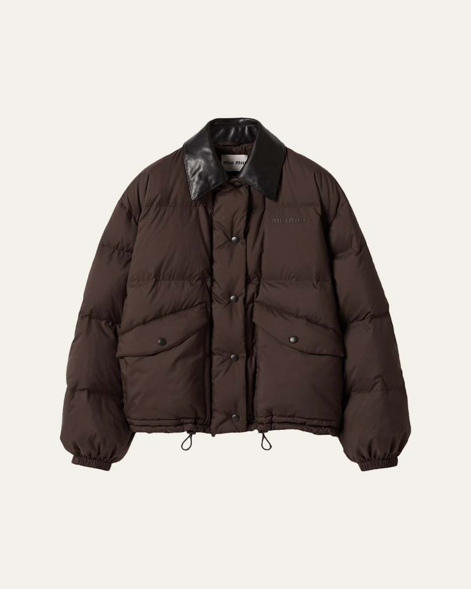 Printed Logo Leather Collar Oversized Down Jacket